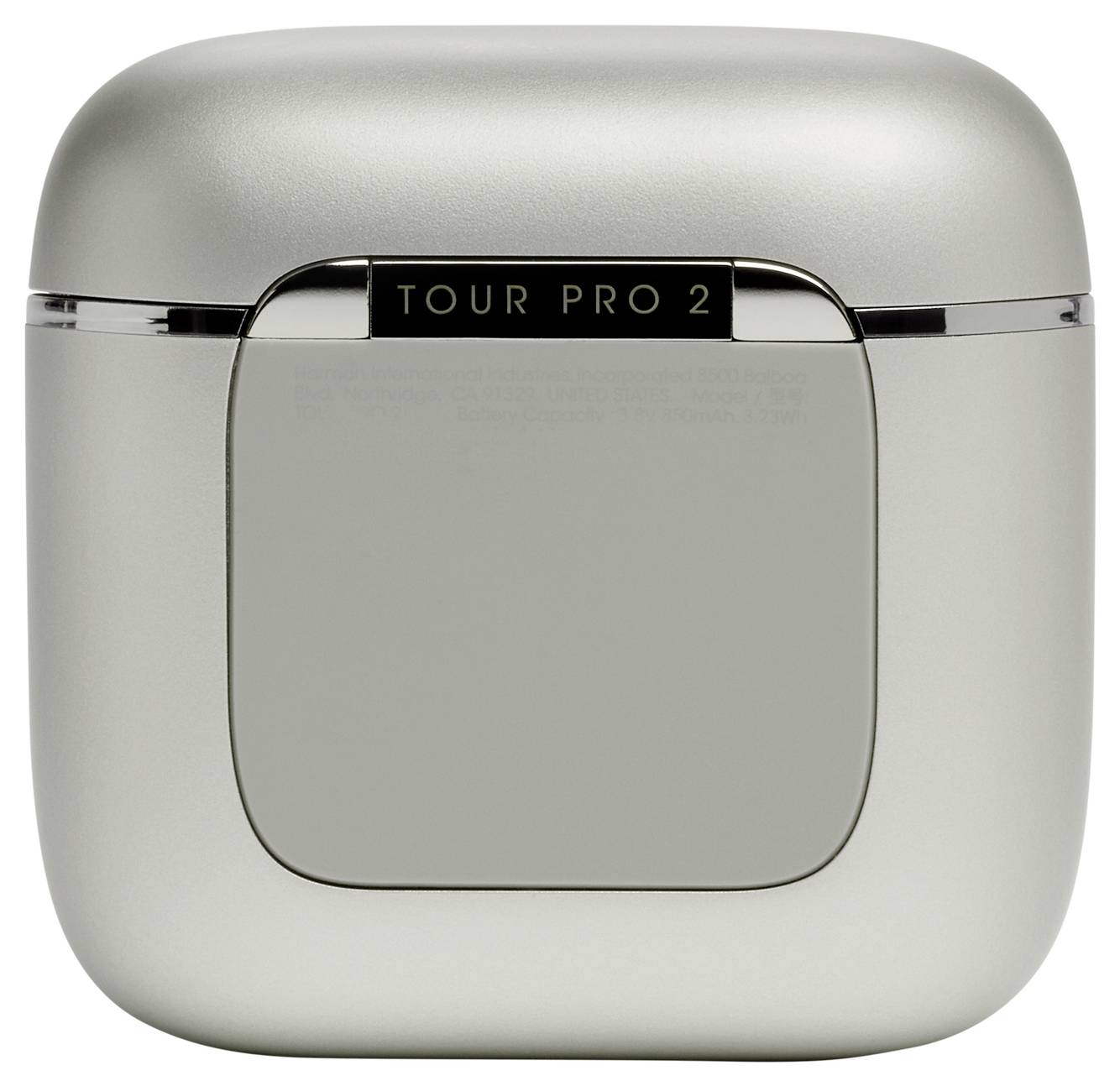 Ein geschlossenes graues Ohrhörer-Ladeetui mit der Aufschrift 