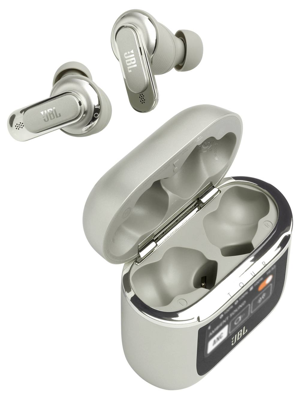 Silberne kabellose Kopfhörer mit 'JBL' Logo, dargestellt mit offenem Ladeetui. Das Etui zeigt einen digitalen Anzeigestatus für den Ladevorgang.