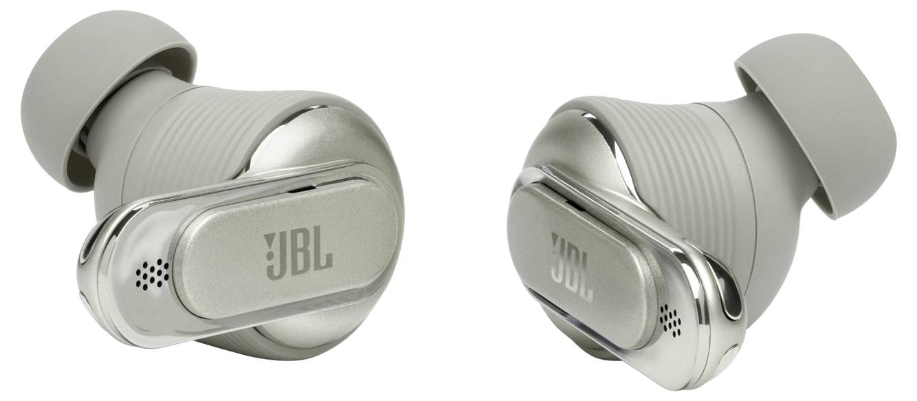 Graue JBL-Ohrhörer mit silbernen Akzenten, mit elegantem Design und kompakter Passform.