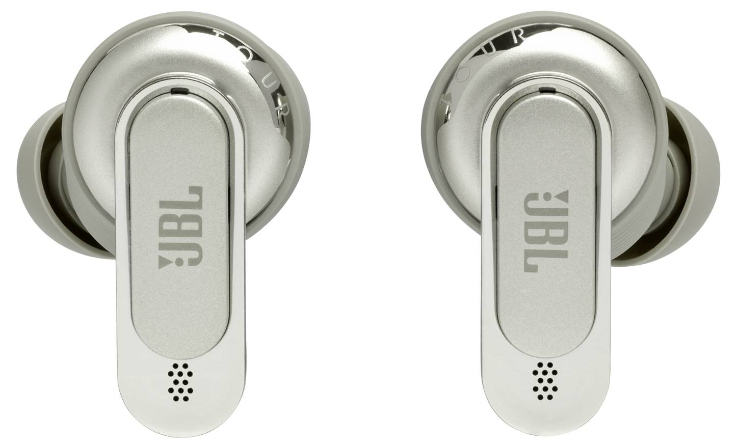 Silberne kabellose Ohrhörer mit Markenlogo, mit elegantem Design und kleinen Mikrofonöffnungen an jedem Stück.