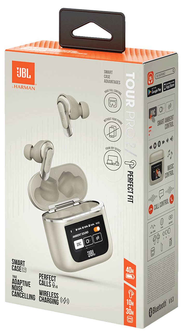 Eine Einzelhandelsverpackung für JBL Tour Pro 2 kabellose Ohrhörer, die Funktionen wie adaptives Noise-Cancelling, intelligentes Etui mit Display und drahtloses Laden hervorhebt.
