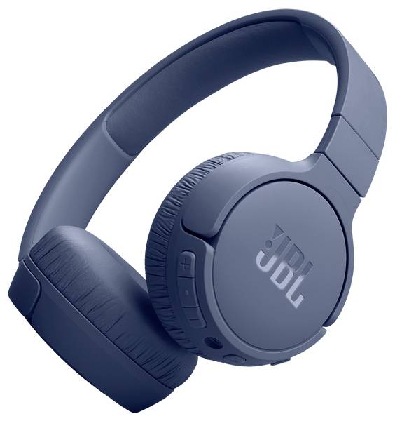 Blaue Over-Ear-Kopfhörer kabellos, mit dem Markensignet auf dem Ohrmuschel, ausgestattet mit gepolsterten Ohrmuscheln und einem eleganten, modernen Design.