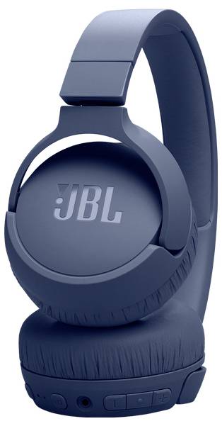 Blaue Over-Ear-Kopfhörer kabellos mit gepolstertem Kopfbügel und Ohrmuscheln, mit Markenlogo auf der Ohrmuschel und Bedienungstasten.