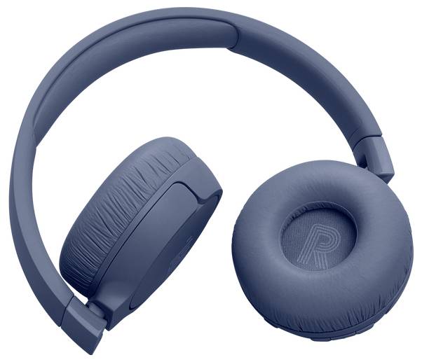 Ein Paar blauer Over-Ear-Kopfhörer, die auf einem weißen Hintergrund platziert sind und die gepolsterten Ohrmuscheln und den verstellbaren Kopfbügel zeigen.