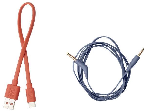 Bild von zwei Kabeln: ein rotes USB-Kabel; das andere ein blaues Audiokabel mit Standard-3,5-mm-Steckern an beiden Enden.