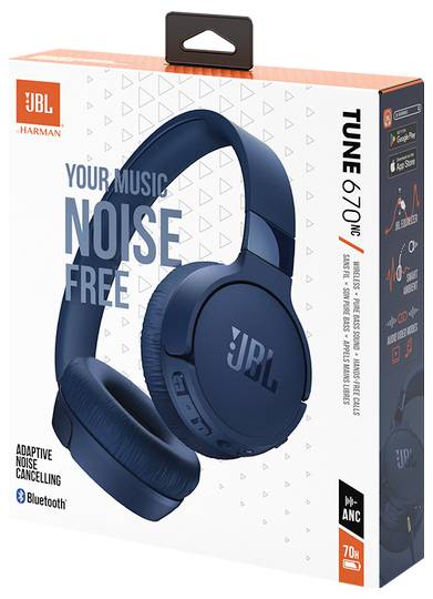 Kabellose JBL Tune 670NC Kopfhörer in Marineblau mit adaptiver Geräuschunterdrückung. Ausgestattet mit Bluetooth-Konnektivität.