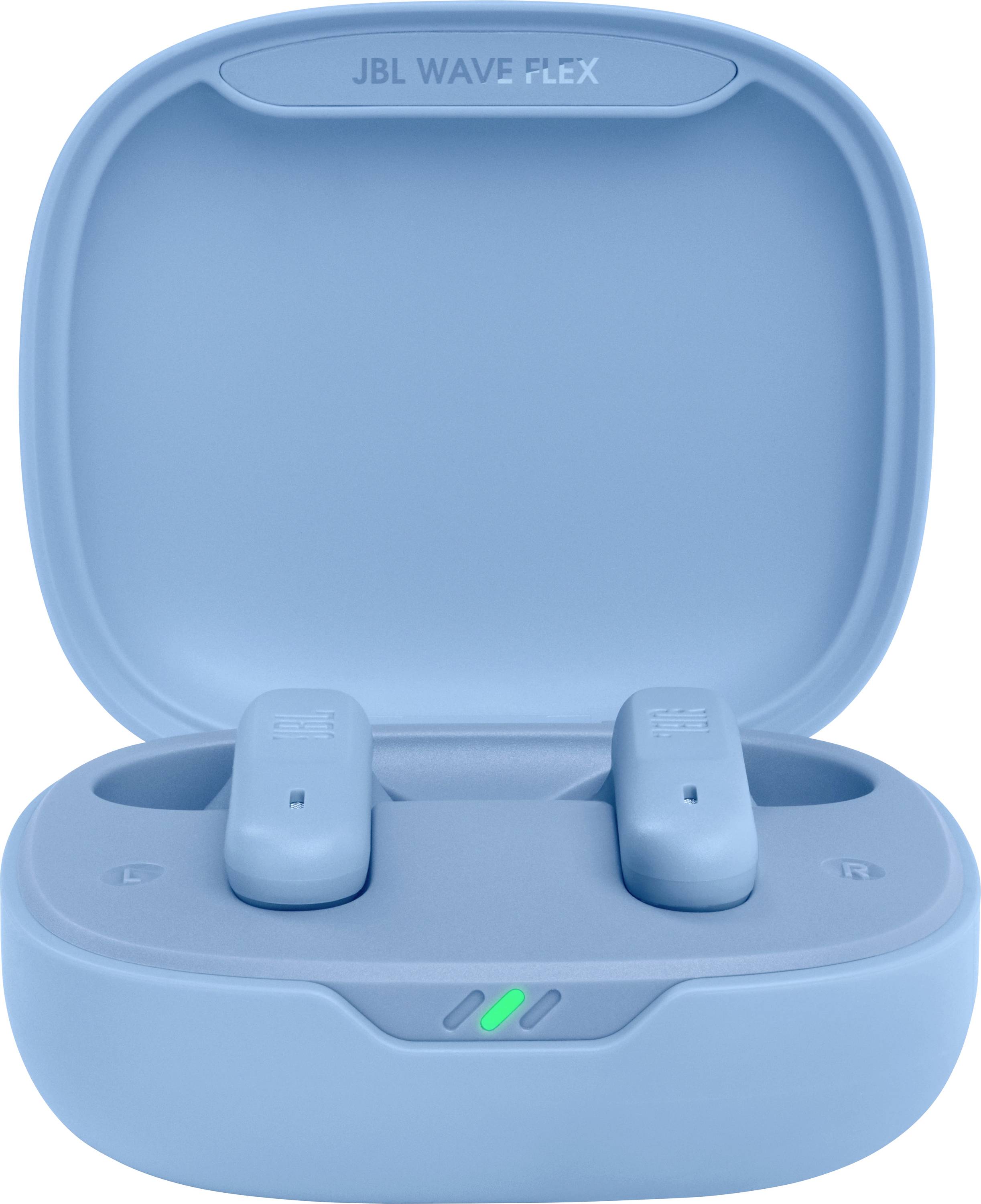 Blaue Ladehülle geöffnet mit zwei drahtlosen Ohrhörern, die mit „L