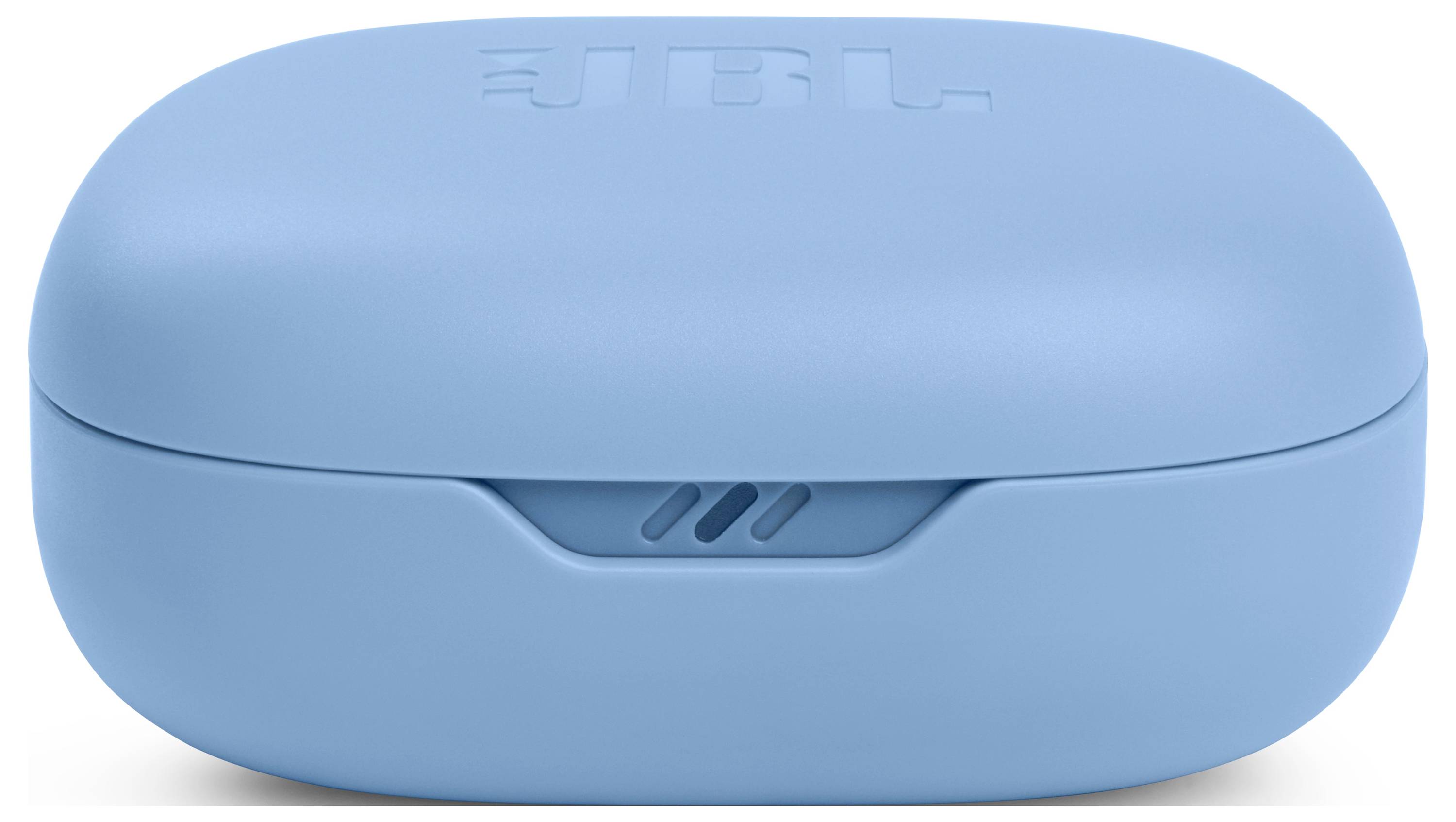 Ein blaues Earbud-Ladeetui mit dem JBL-Logo, das auf der Oberseite eingeprägt ist.
