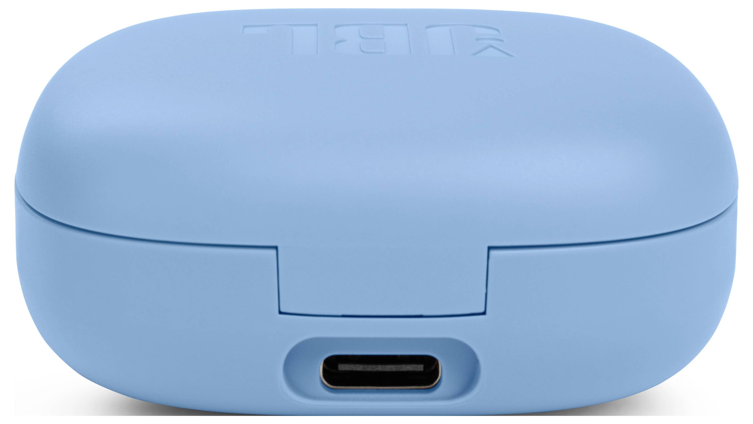 Ein hellblauer Ohrhörer-Ladecase mit einem USB-C-Anschluss auf der Vorderseite.