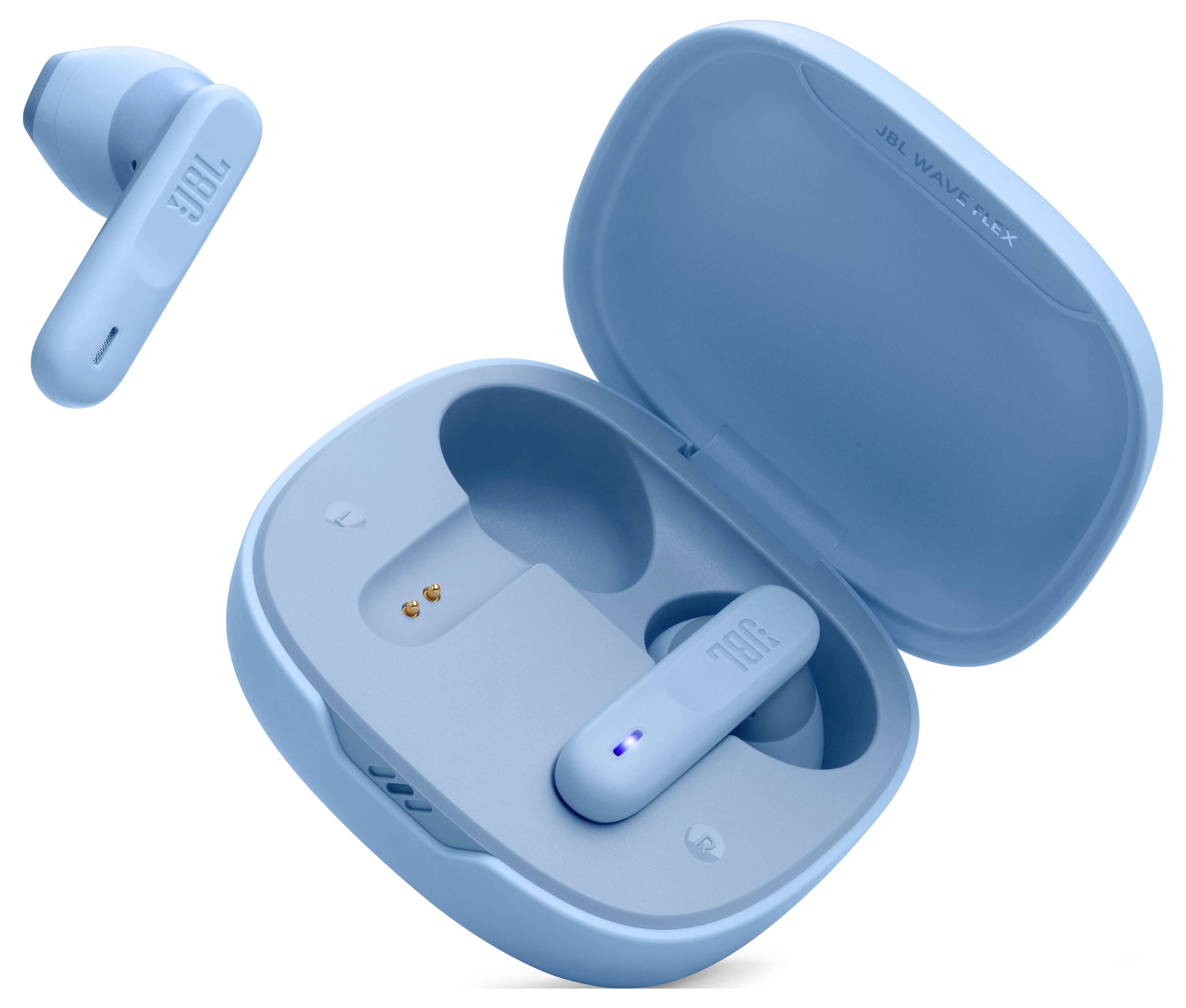 Blaue kabellose Ohrhörer mit Ladeetui; Ohrhörer hat Markenlogo; Etui hat zwei Einschubfächer und ist geöffnet; Etui zeigt ebenfalls Markenlogo.