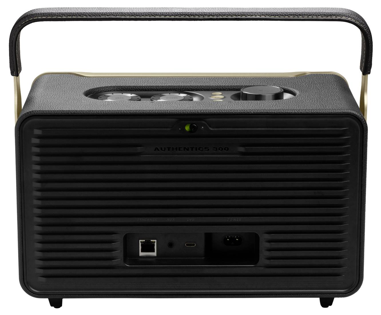 Ein schwarzer tragbarer Lautsprecher mit einem Griff, ausgestattet mit Tasten und Drehreglern auf der Oberseite, Anschlüssen zur Verbindung auf der Rückseite und einer gerippten Textur.