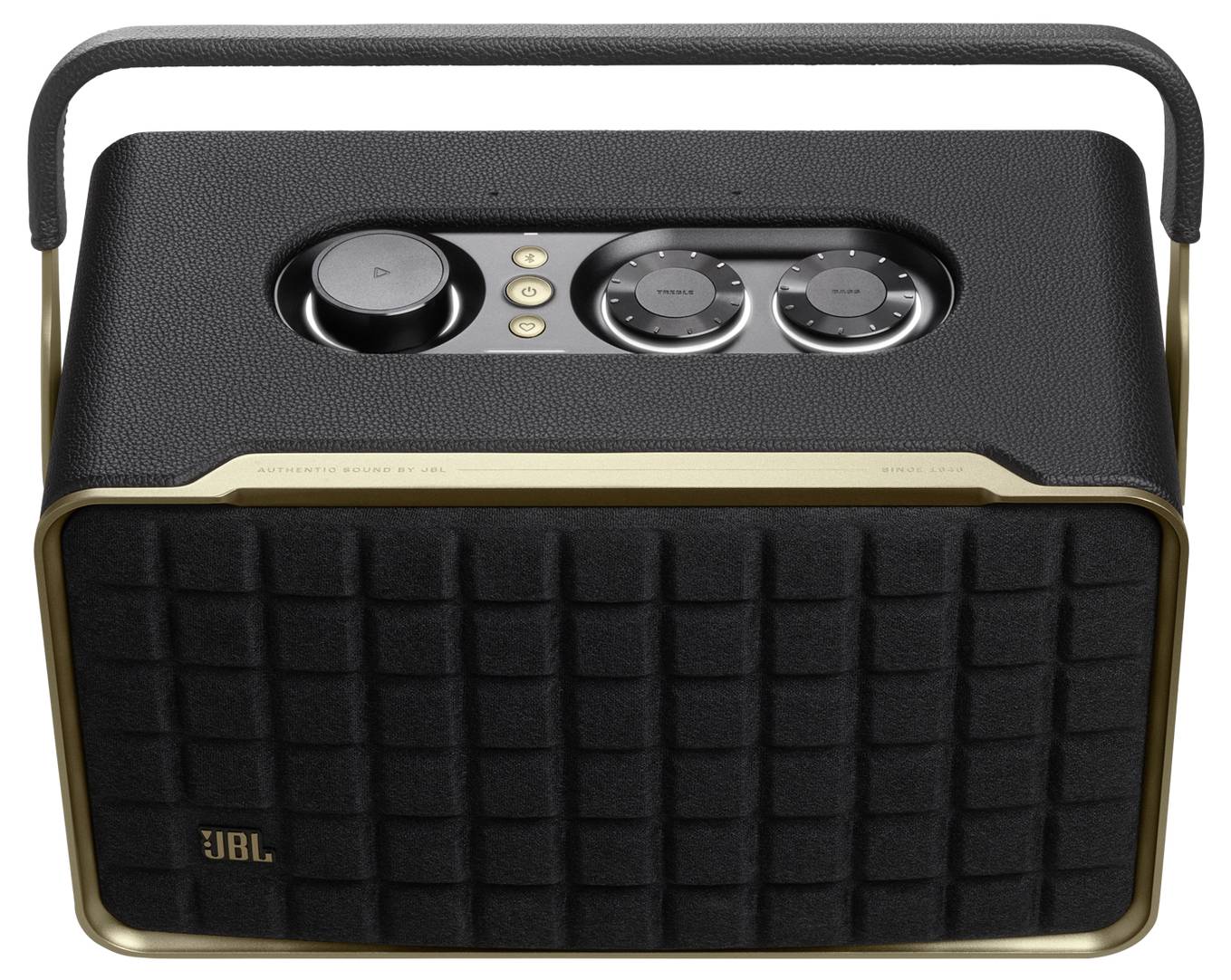 Schwarzer und goldener tragbarer Lautsprecher mit Griff, ausgestattet mit Bedienknöpfen und -drehreglern auf der Oberseite, mit JBL-Logo auf der Vorderseite.