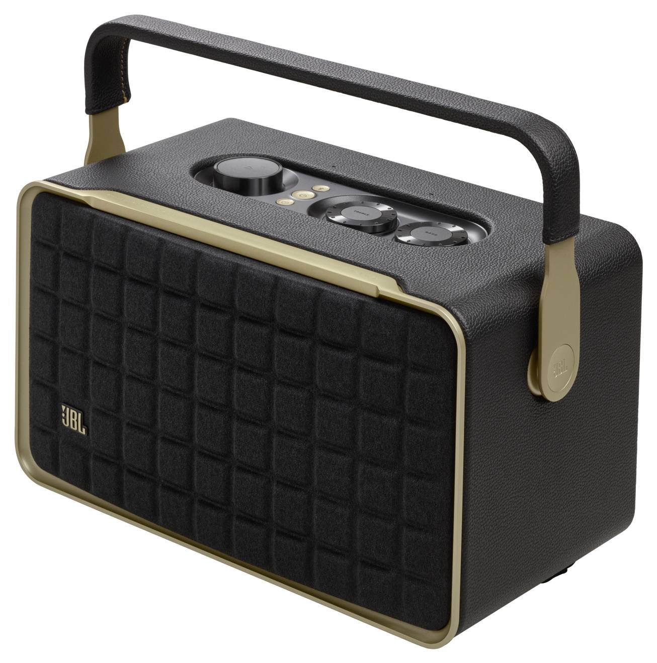 JBL Vintage-Style Portable Bluetooth-Lautsprecher mit schwarzem Gitterdesign und goldener Einfassung, ausgestattet mit einem Griff und oben montierten Bedienelementen.