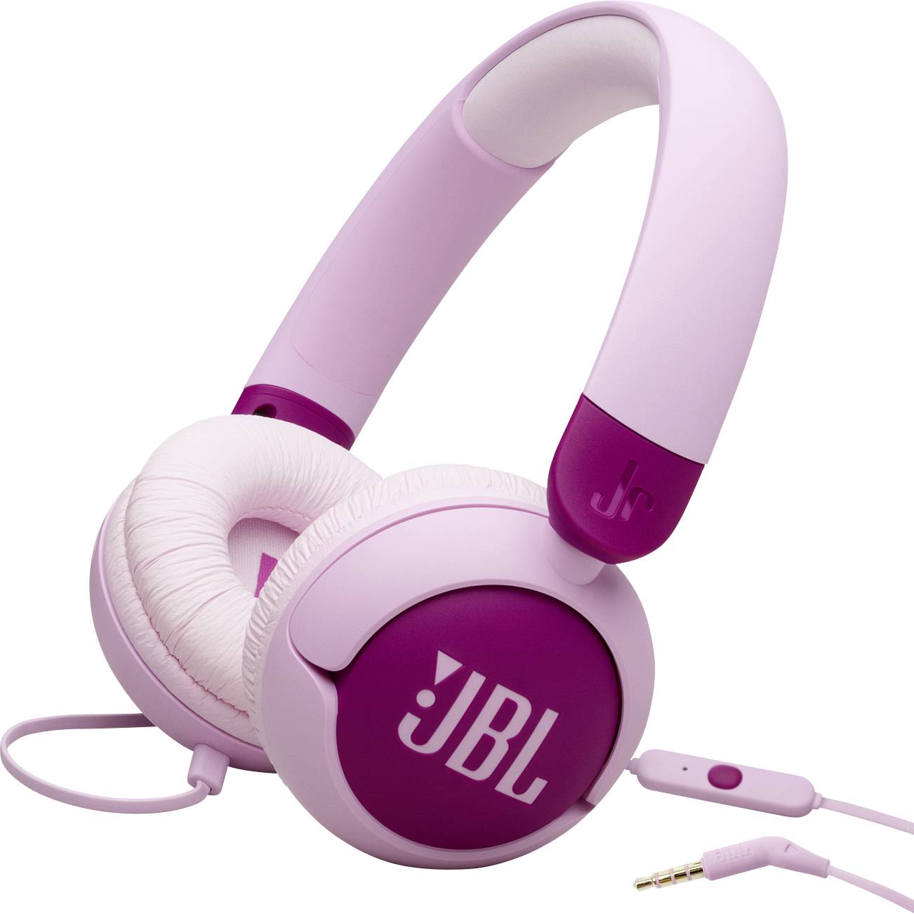 Rosa JBL Over-Ear-Kopfhörer mit gepolsterten Ohrmuscheln und einer Inline-Steuerung am Kabel, entwickelt für komfortables Musikhören.