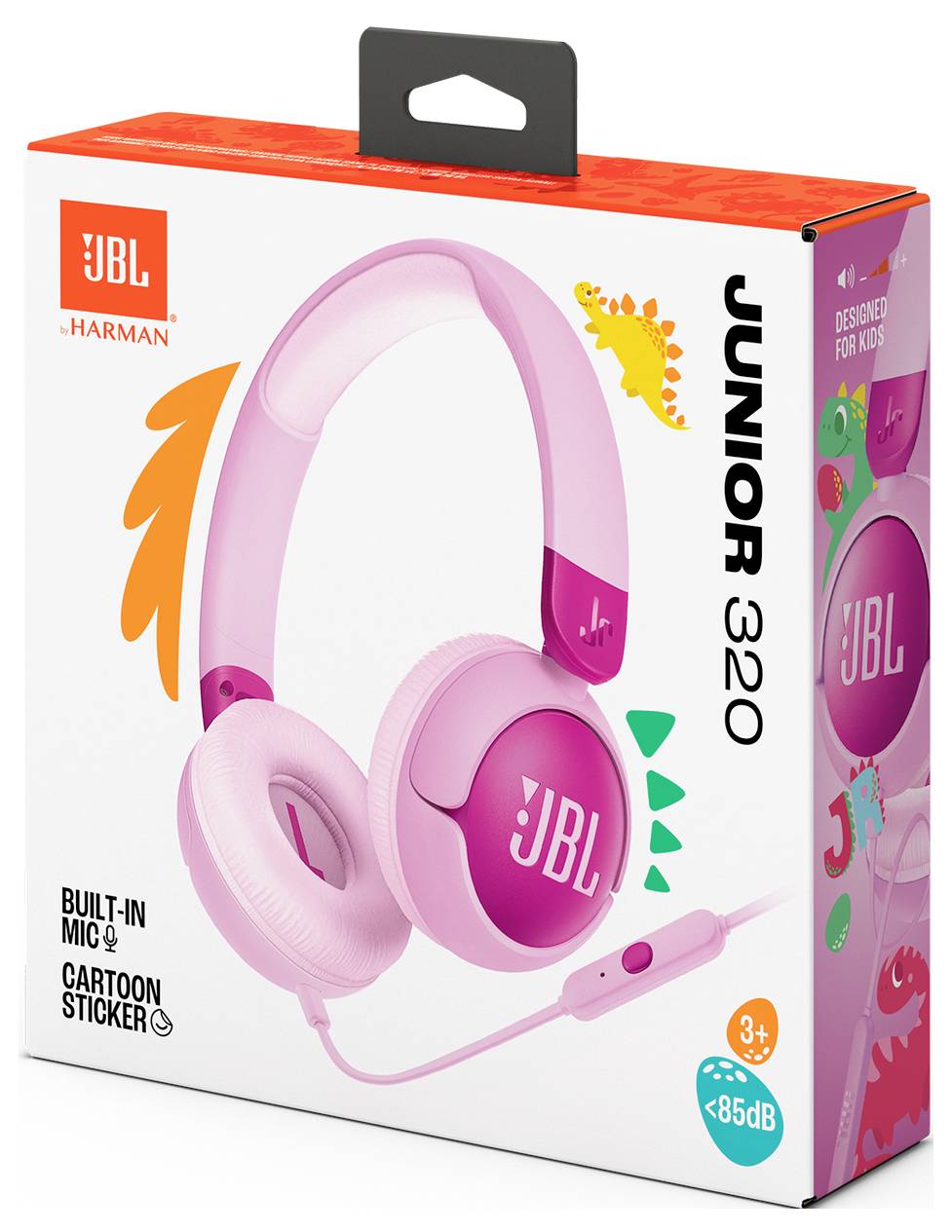 Eine Schachtel mit JBL JR 320 Kinderkopfhörern in rosa Design, mit integriertem Mikrofon, Cartoon-Sticker und einer Notiz „für Kinder ab 3 Jahren entwickelt