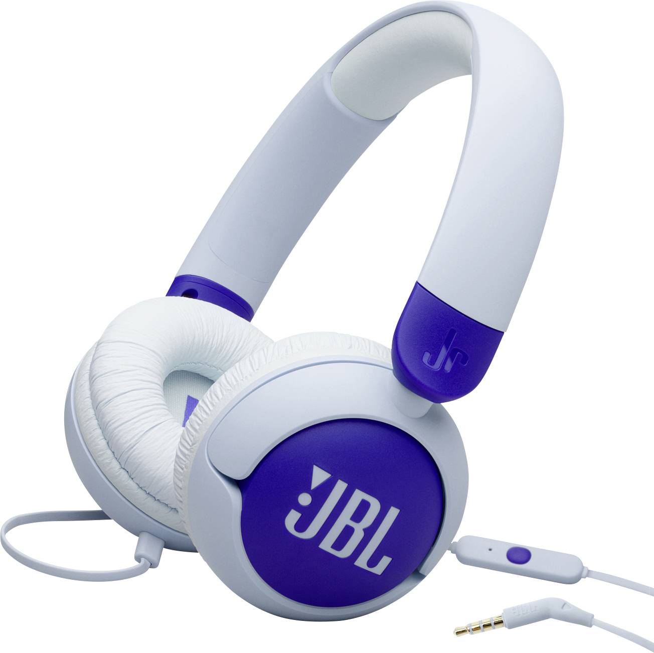 Blaue und weiße Kopfhörer mit gepolstertem Kopfbügel und Ohrmuscheln, ausgestattet mit einer spiralförmigen Kabelführung und einer Inline-Fernbedienung mit Steuerungstaste.