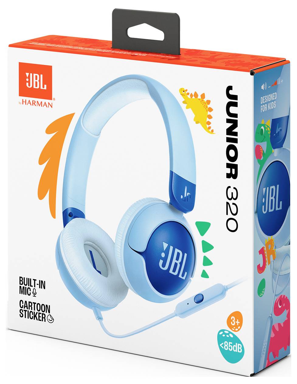 Blaue JBL Kinderkopfhörer mit integriertem Mikrofon und Cartoon-Stickern. Sichere Lautstärkebegrenzung für Kinder ab 3 Jahren, in einer bunten Verpackung.