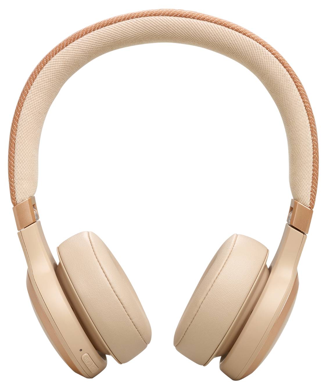 Beige Over-Ear-Kopfhörer mit einem mit Stoff bezogenen Kopfbügel, dargestellt vor einem weißen Hintergrund.