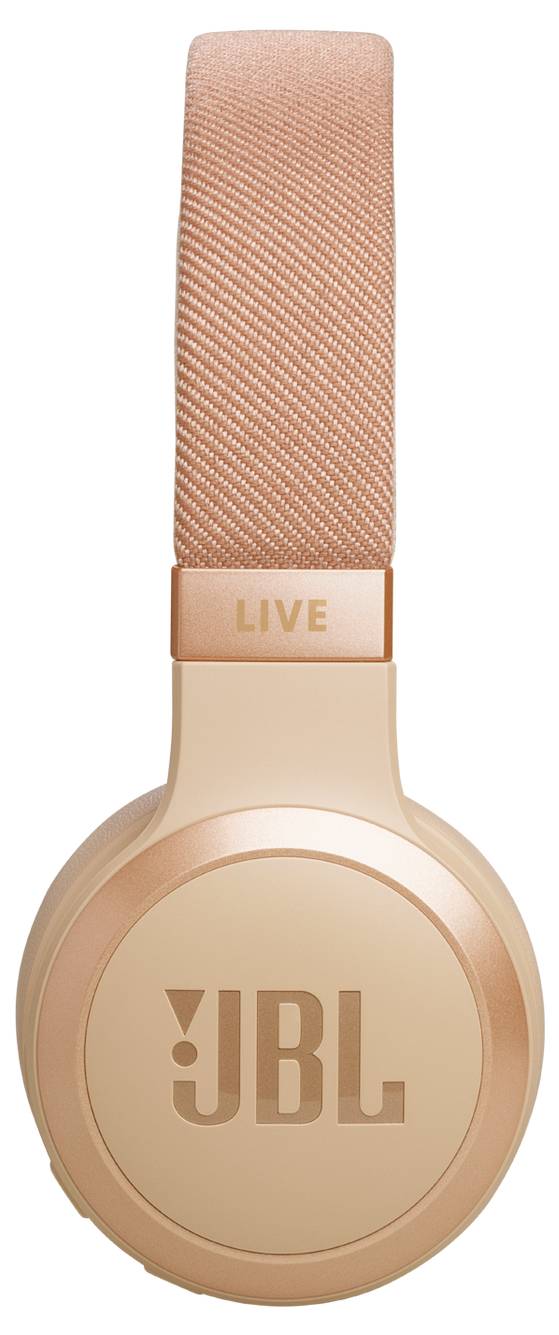 Orange JBL-Kopfhörer, die die linke Ohrmuschel mit 'LIVE' am Kopfbügel zeigen.