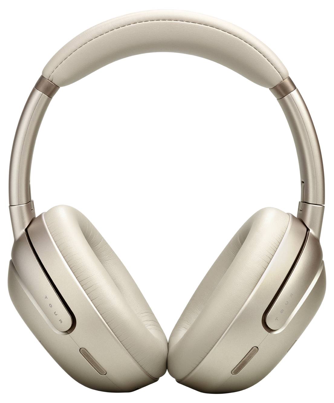 Beige Over-Ear-Kopfhörer mit gepolstertem Kopfbügel und Ohrmuscheln, vor einem weißen Hintergrund abgebildet.