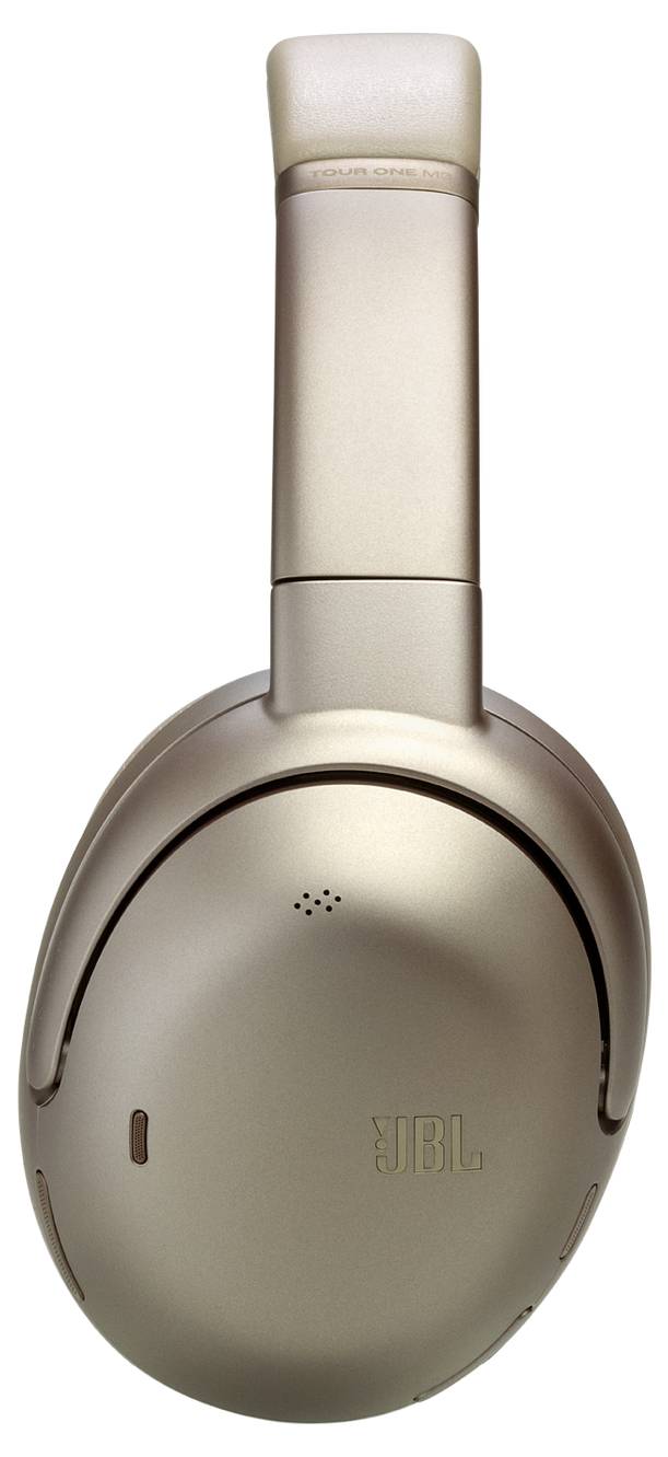 Eine goldfarbene Over-Ear-Kopfhörer mit dem JBL-Logo, in vertikaler Position präsentiert, wobei die Ohrmuschel und das Kopfbogendesign hervorgehoben werden.