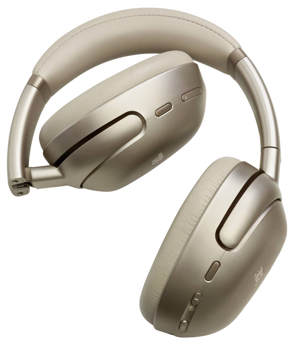 Cremefarbene Over-Ear-Kopfhörer mit gepolsterten Ohrmuscheln und einem Kopfbügel, mit Tasten an den Seiten zur Klangsteuerung.