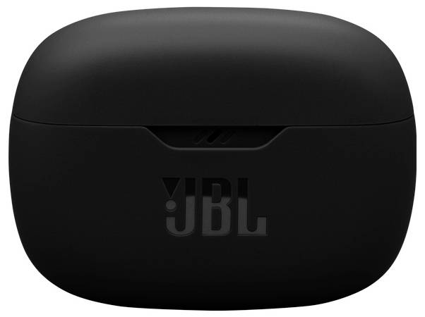 Eine schwarze JBL-Ohrhörertasche mit einem dezenten Logo, das auf der Vorderseite geprägt ist.