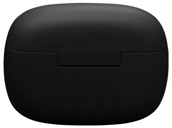 Ein schwarzes, ovales elektronisches Geräteetui mit einer sichtbaren Scharnierscharnier an der Rückseite.