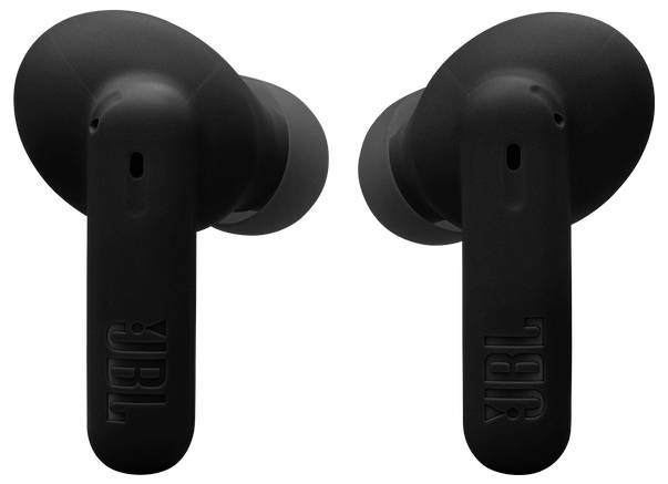 Zwei schwarze JBL In-Ear-Kopfhörer mit vertikalen Stängeln, von vorne dargestellt, wobei das Markenlogo auf jedem Stängel hervorgehoben wird.