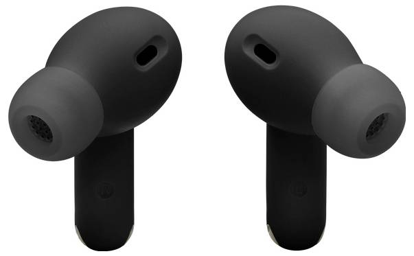 Schwarze kabellose Ohrhörer, nebeneinander, mit In-Ear-Aufsätzen und sichtbaren Mikrofonen, entwickelt für Musik und Anrufe.