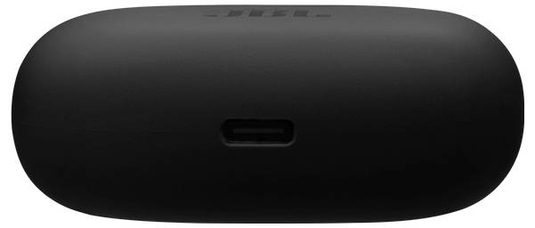 Ein schwarzer, länglicher Bluetooth-Lautsprecher mit einem einzelnen USB-C-Anschluss auf der Rückseite.