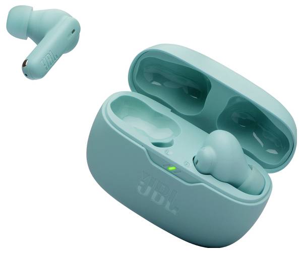 Türkisfarbene drahtlose Kopfhörer mit einer Ladehülle. Ein Hörer befindet sich im geöffneten Etui, während der andere separat daneben liegt.