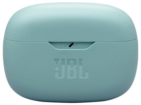 Türkisfarbenes kabelloses Ladeetui für Ohrhörer mit geprägtem 'JBL' Logo auf der Vorderseite.