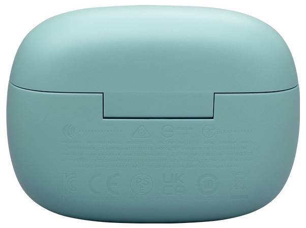 „Eine von hinten betrachtete, ovale Hülle in Petrolfarben mit geprägten Regulierungssymbolen und Text.