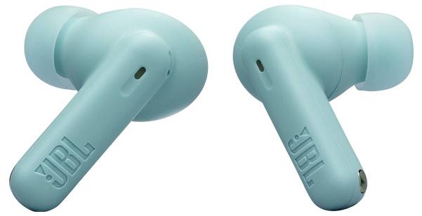 Türkisfarbene kabellose Kopfhörer mit dem 'JBL'-Logo, die ein schlankes In-Ear-Design mit abgewinkelten Ohrhörern für Komfort und verbesserten Klang präsentieren.