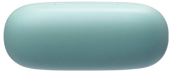 Ein türkisfarbenes, pillenförmiges Ladeetui für kabellose Ohrhörer mit einer glatten, glänzenden Oberfläche.