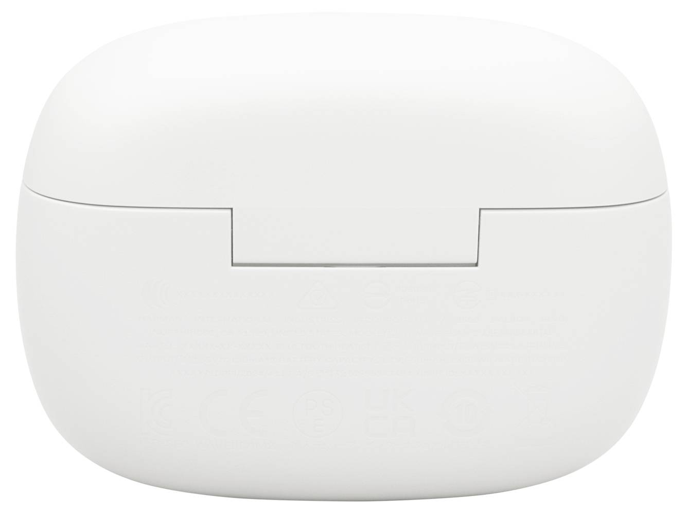 Ein weißes, kompaktes elektronisches Geräteetui mit einem Klappdeckel, möglicherweise für Ohrhörer oder ein Ladegerät. Minimalistisches Design, keine sichtbare Markierung.