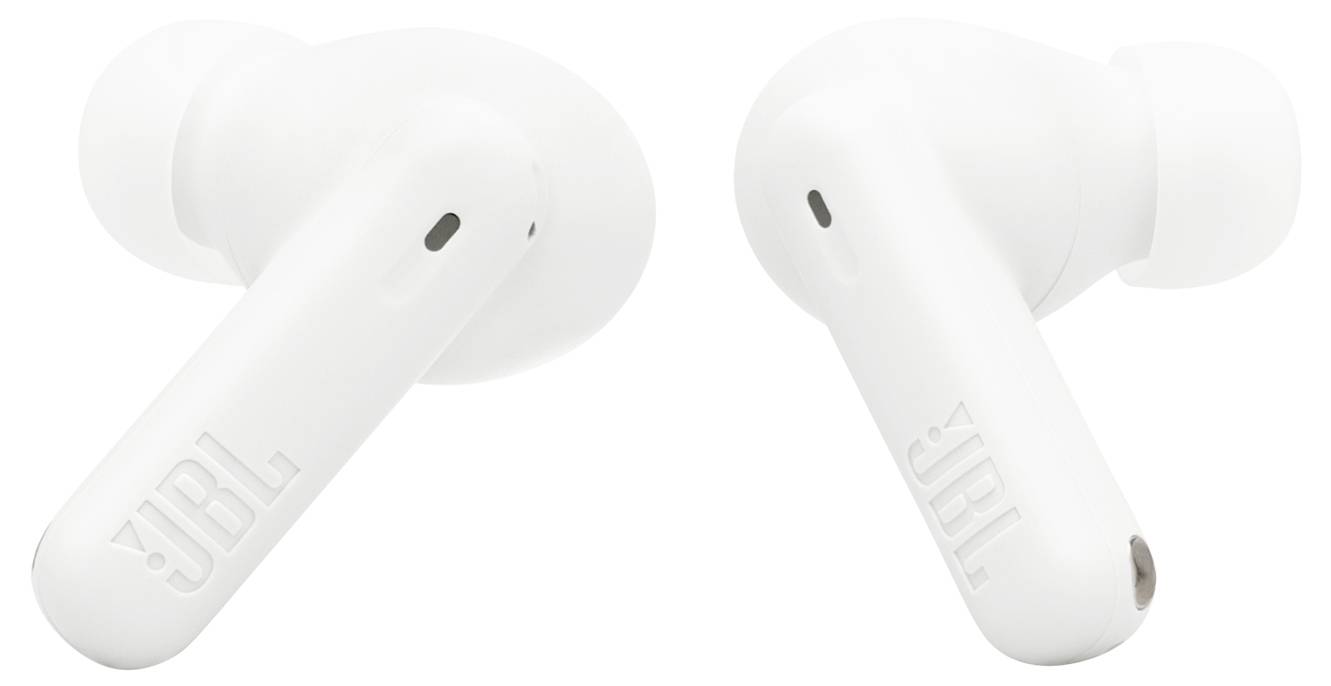 Weiße kabellose Ohrhörer mit eingravierten Markenlogo auf den Stängeln.