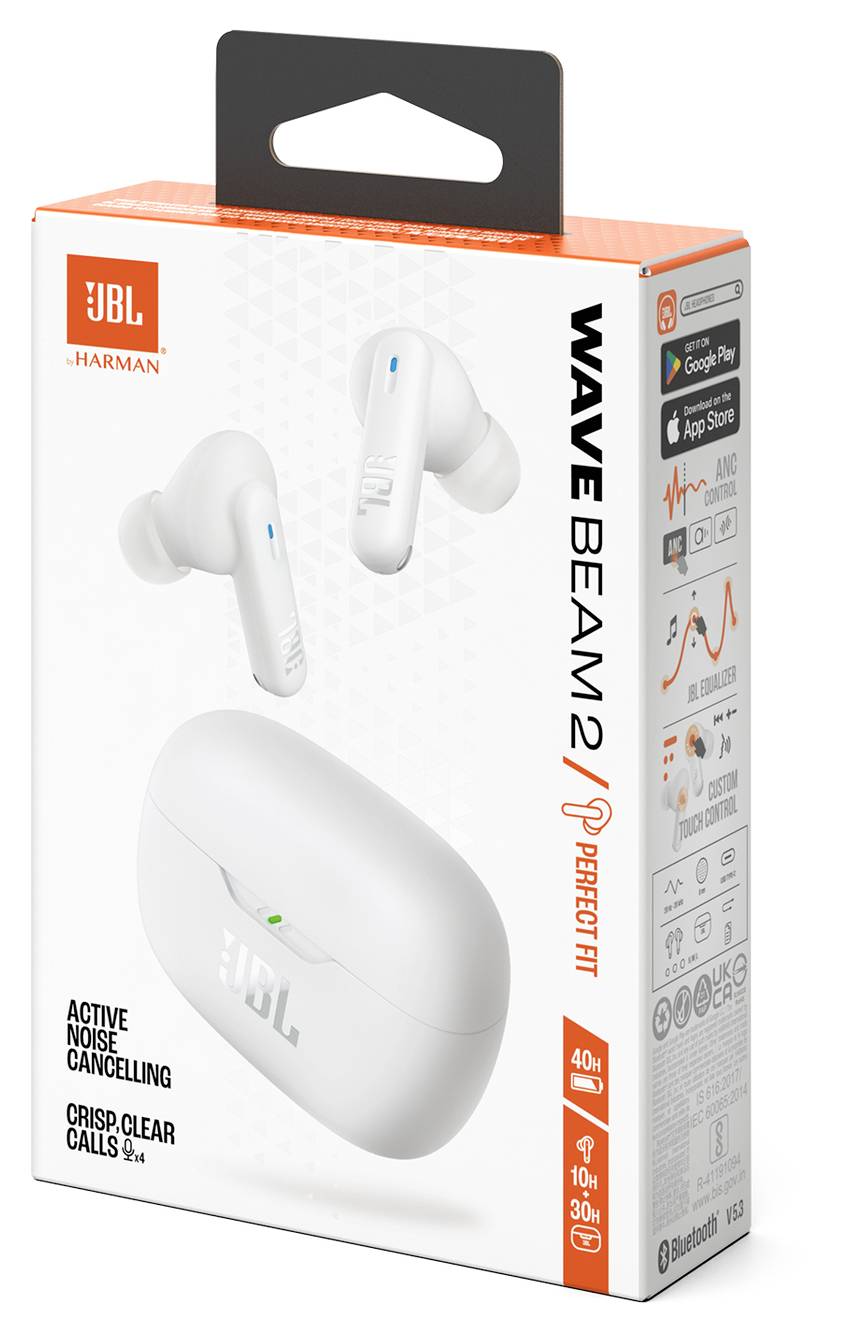 Packung der JBL Wave Beam 2 Ohrhörer mit 'Perfekte Passform', zeigt aktive Geräuschunterdrückung und klare Anruffunktionen, kompatibel mit Bluetooth.
