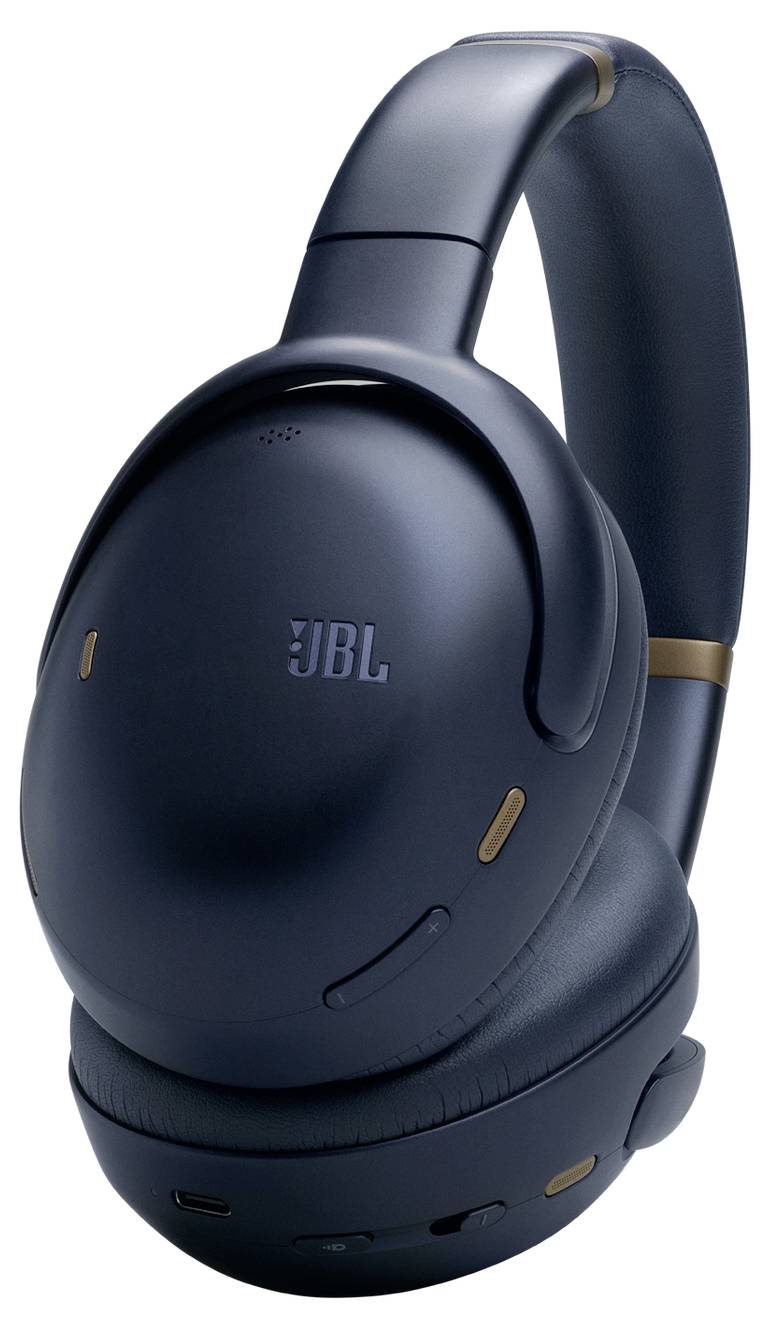 Ein Paar schwarzer Over-Ear-Kopfhörer mit dem JBL-Logo, ausgestattet mit gepolsterten Ohrmuscheln und einem eleganten Design, offensichtlich für Audioaufnahmen konzipiert.