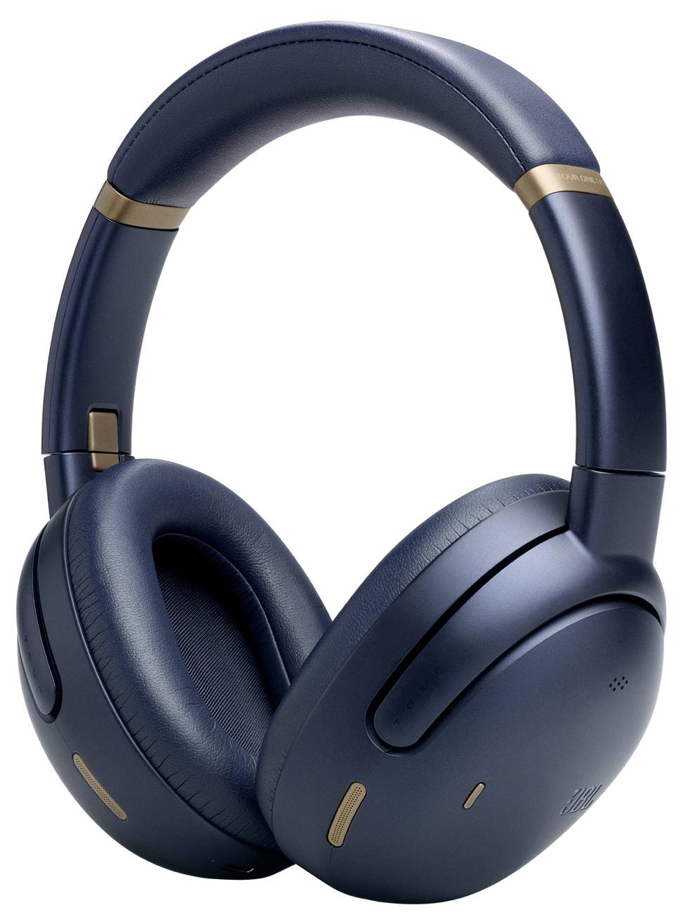 Marineblaue Over-Ear-Kopfhörer mit gepolsterten Ohrmuscheln und einem verstellbaren Kopfbügel, ausgestattet mit goldenen Akzenten für einen stilvollen Look.