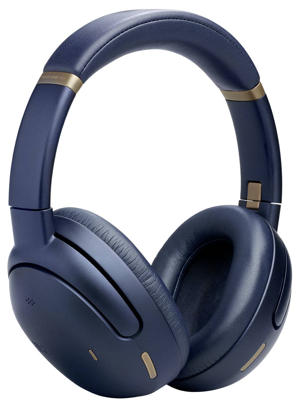 Blaue Over-Ear-Kopfhörer kabellos mit goldenen Akzenten, ausgestattet mit gepolsterten Ohrmuscheln und Bügel für Komfort.