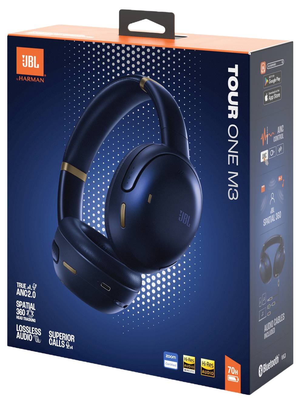 Verpackung der JBL Tour One M3 Kopfhörer mit Geräuschunterdrückung, räumlichem Audio und hervorragender Anrufqualität. Enthält Bluetooth- und Hi-Res-Audio-Logos.