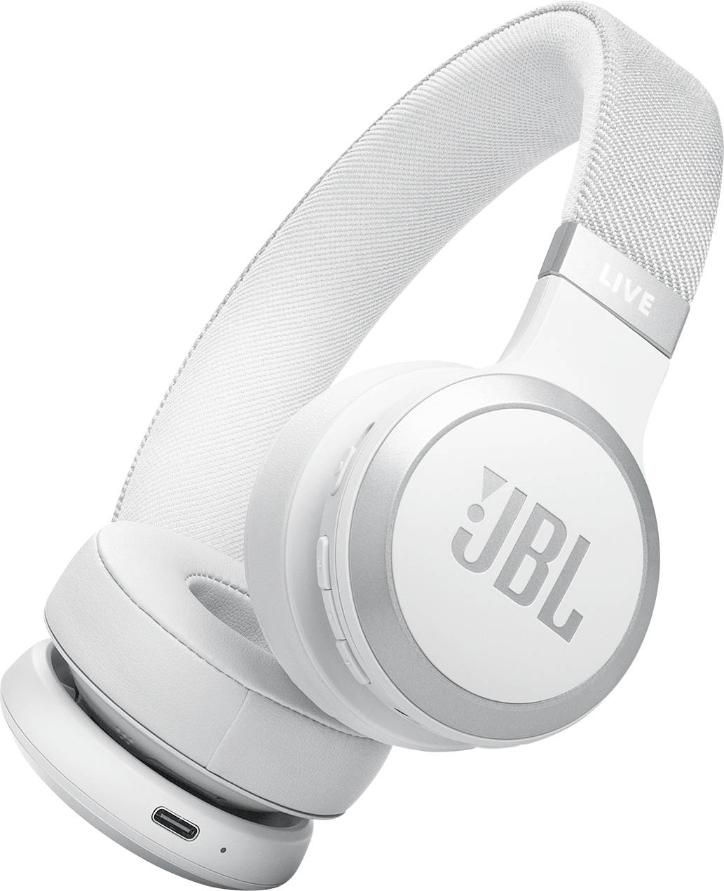 Weiße JBL-Kopfhörer mit gepolsterten Ohrmuscheln und Kopfbügel, mit JBL-Logo an den Seiten und USB-C-Ladeanschluss an der Ohrmuschel.