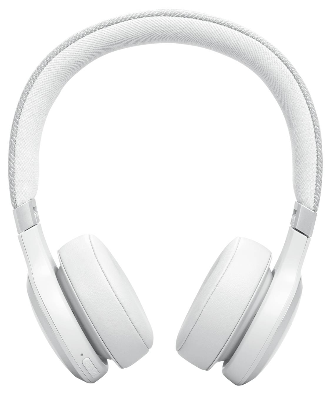 Weiße Over-Ear-Kopfhörer mit gepolsterten Ohrmuscheln und einem flexiblen, geflochtenen Kopfbügel.