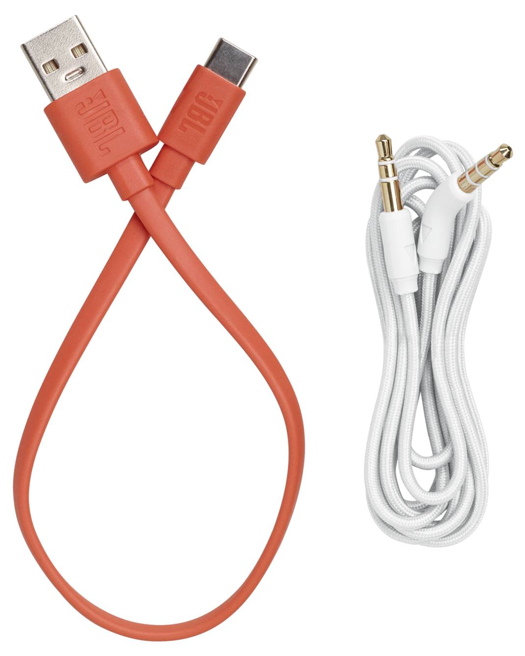 Ein orangefarbenes USB-C-zu-USB-A-Kabel und ein weißes Audiokabel mit 3,5-mm-Klinkensteckern werden nebeneinander dargestellt.