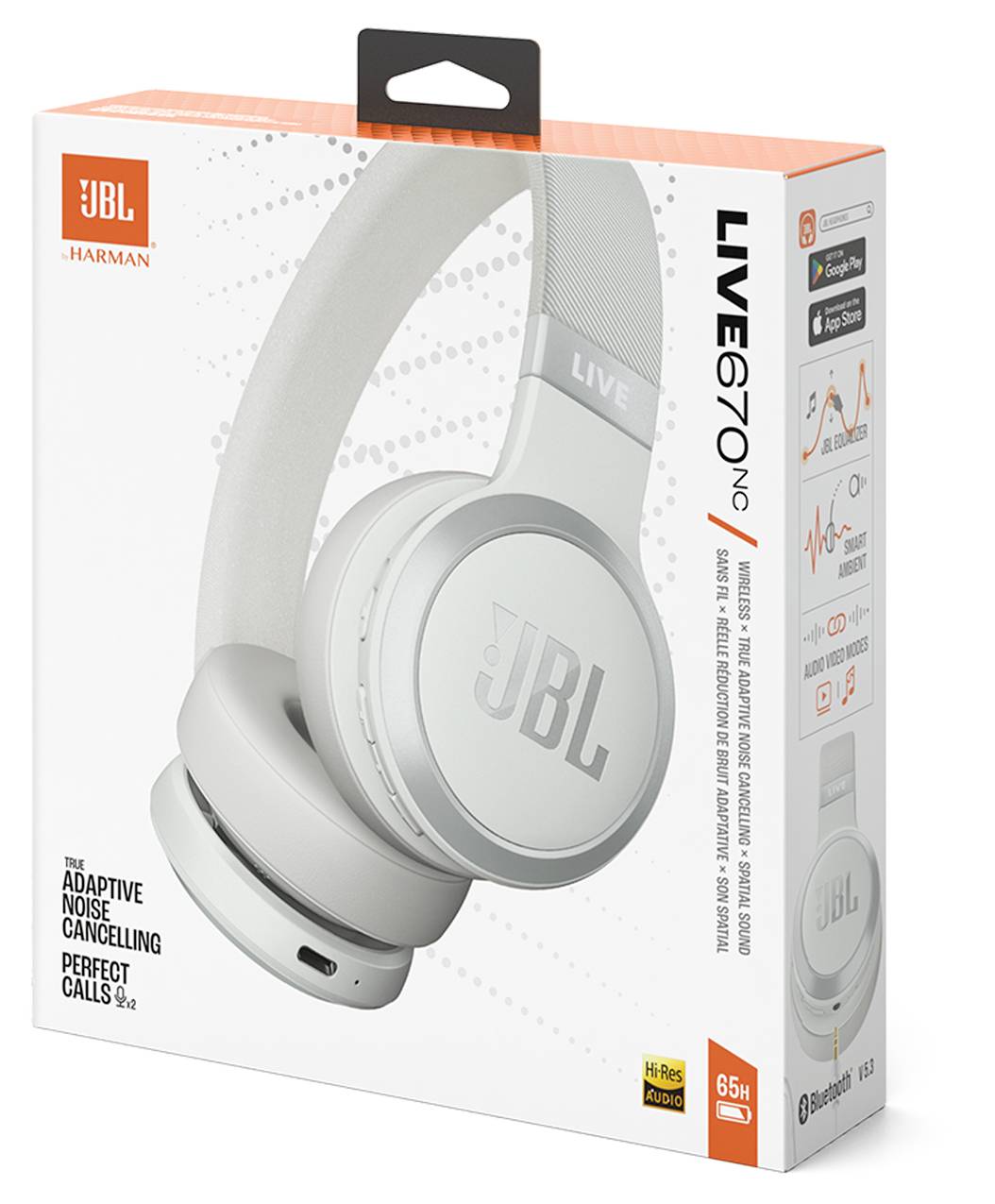 Verpackung für JBL Live 670NC Kopfhörer mit Funktionen wie adaptiver Geräuschunterdrückung, 65 Stunden Akkulaufzeit und 'Perfekte Anrufe'.