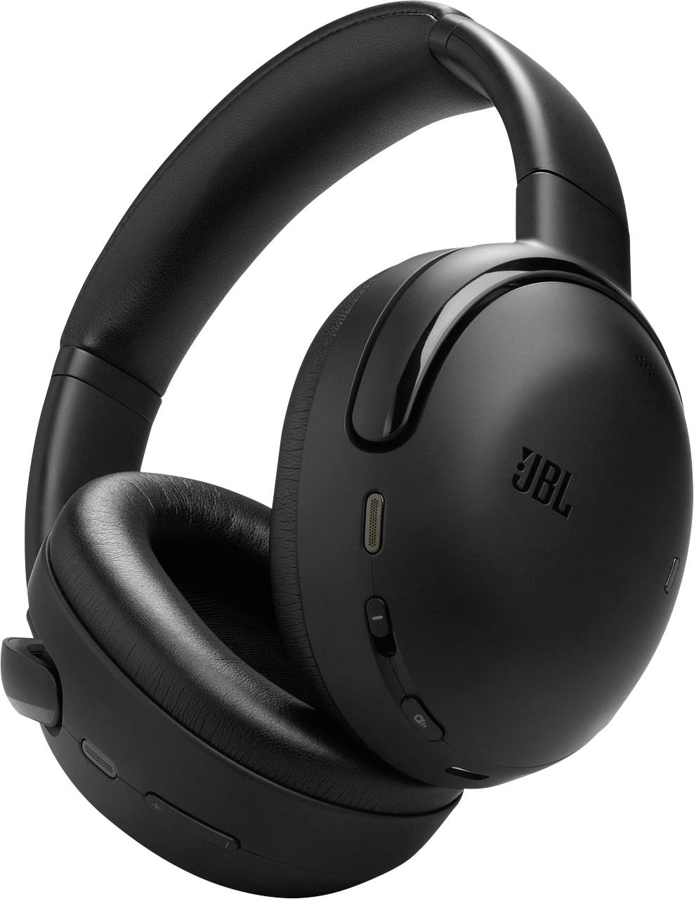 Schwarze Over-Ear-Kopfhörer kabellos mit gepolsterten Ohrmuscheln und elegantem Design, auf dessen Außenfläche das JBL-Logo zu sehen ist.