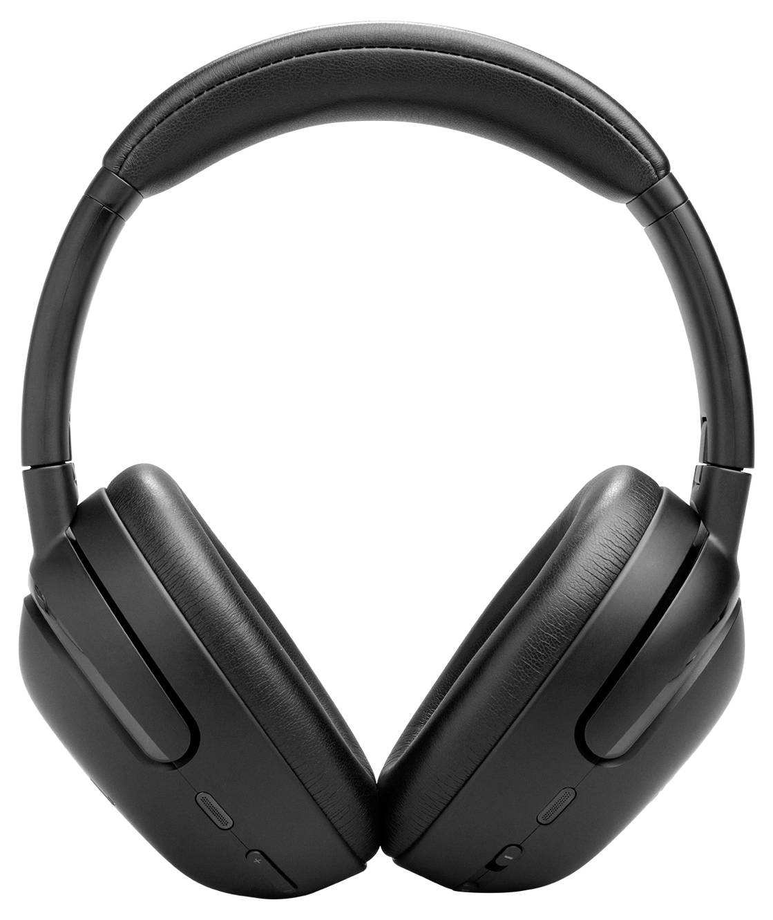 Schwarze kabellose Kopfhörer mit gepolsterten Ohrmuscheln und verstellbarem Kopfbügel, von vorne betrachtet.
