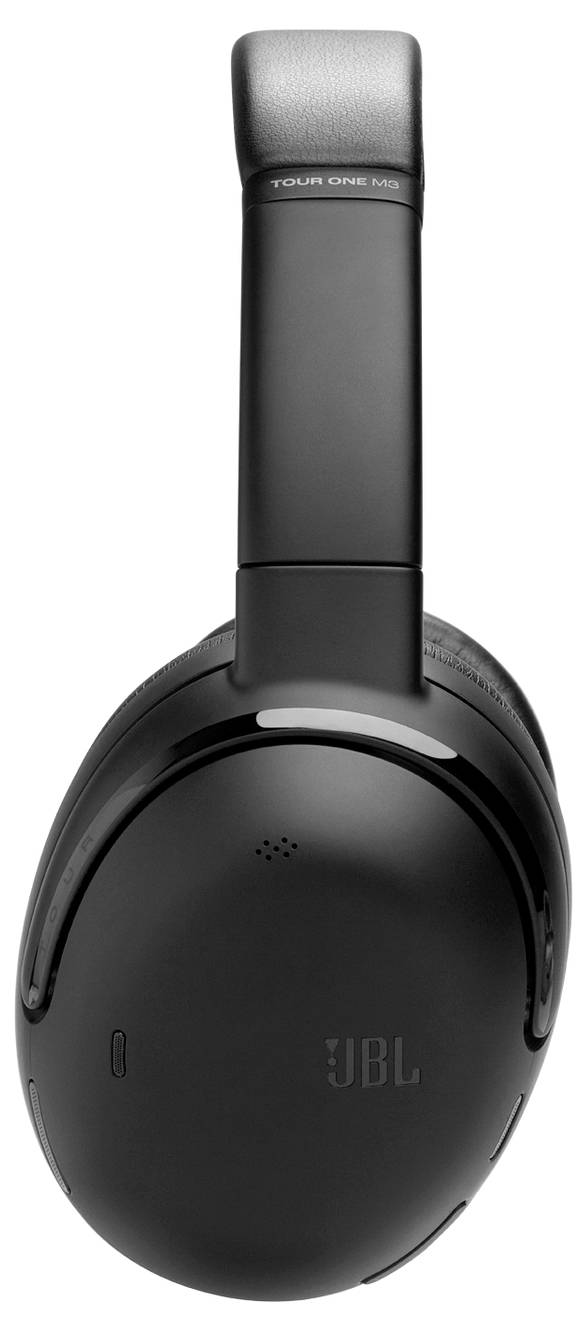 Schwarze Over-Ear-JBL-Kopfhörer mit elegantem Design und gepolstertem Kopfbügel, von der Seite aufgenommen.